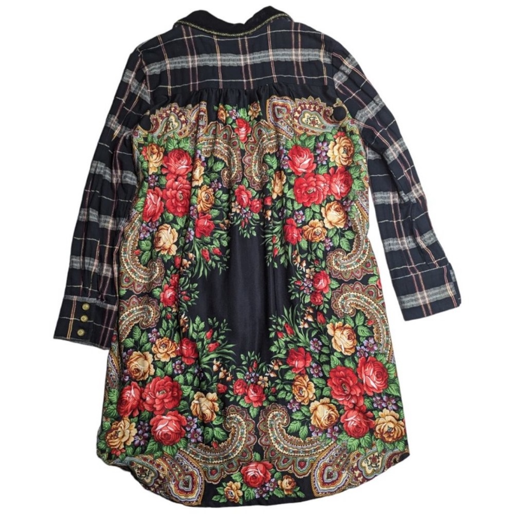 Aratta Black Plaid Long Sleeve Tunic Dress with Floral Trim - Picture 2 of 5